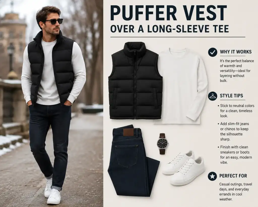 Puffer Vest Over a Long-Sleeve Tee
