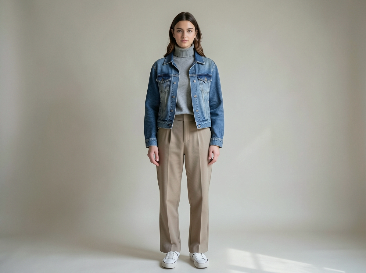 Woman wearing denim jacket, classic crewneck turtleneck and trousers - Classic Crewneck & Turtleneck Options