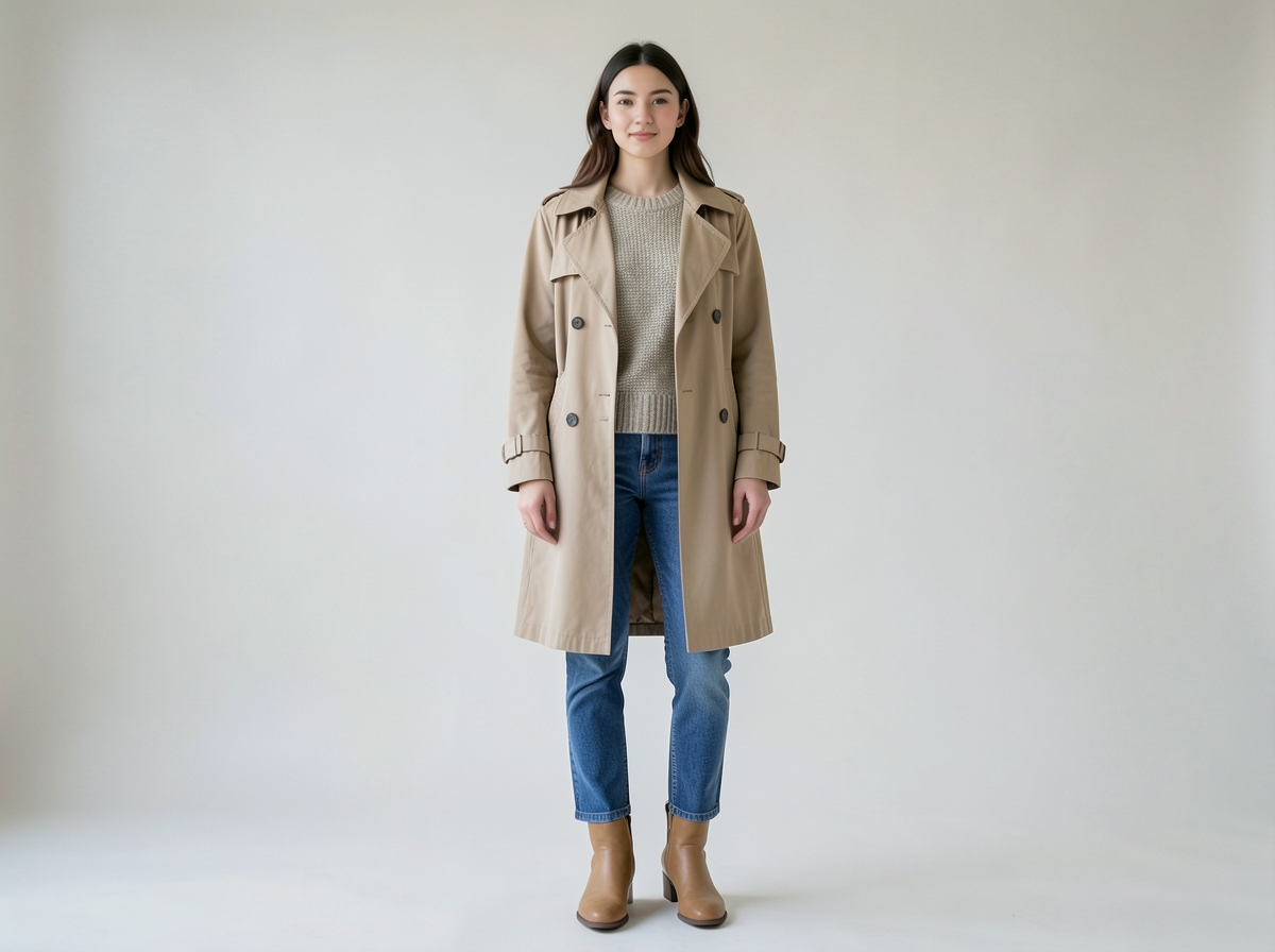 Woman wearing trench, cozy knit, straight leg jeans and ankle boots - Core Wardrobe Staples for Easy Fall Looks