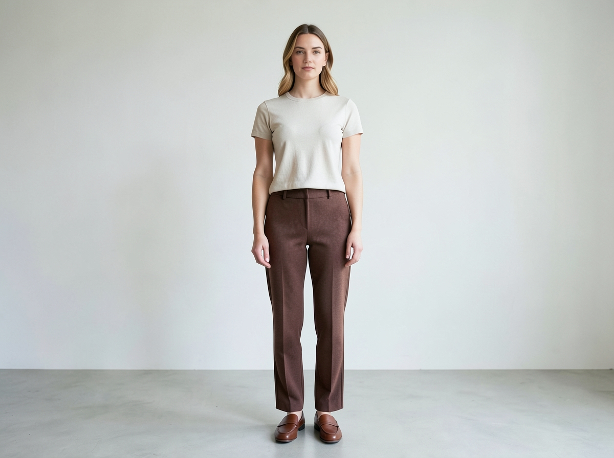 Woman wearing knit, chocolate brown trousers and brown loafers - Knit over a collared shirt