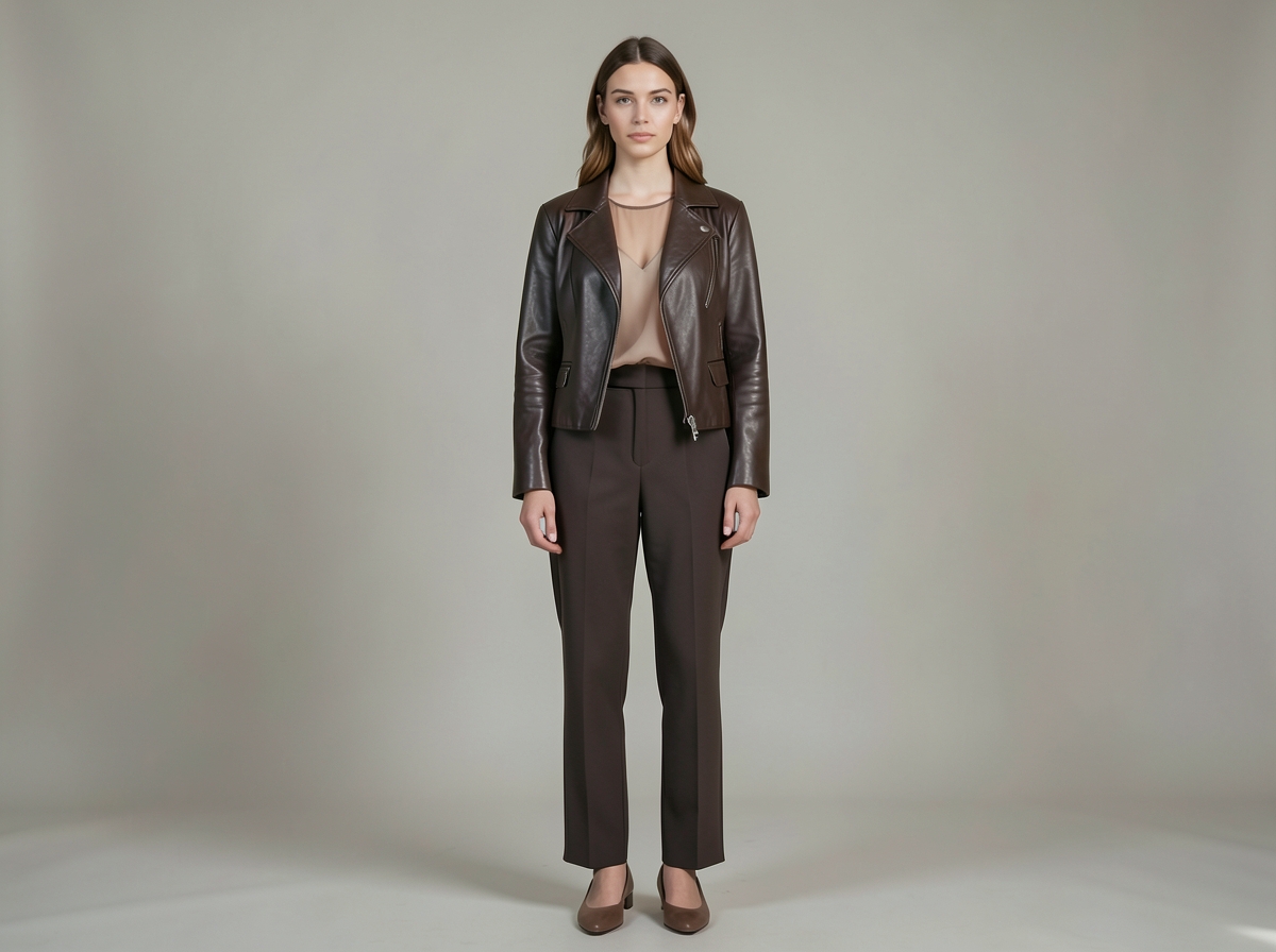 Woman wearing leather jacket, sheer blouse and high waisted trousers - Manche sheer button-front blouse