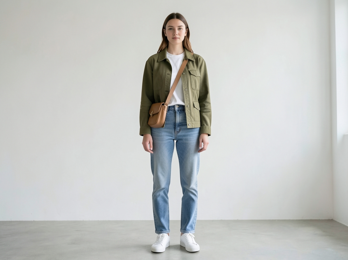 Woman wearing jacket, white tee, jeans and white leather sneakers - Olive Field Style: Jacket + White Tee + Jeans