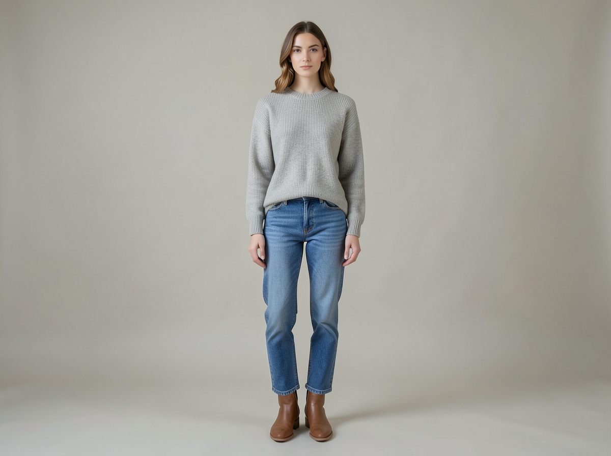 Woman wearing crewneck jeans and ankle boots - Outdated: Basic crewneck + Jeans + Ankle boots