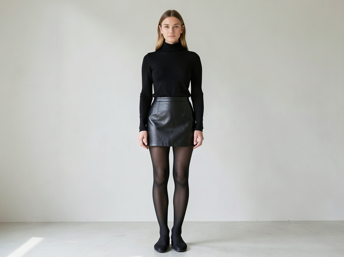 Woman wearing black turtleneck, black leather mini skirt and black sheer tights - Tuesday, February 28 – First Day Looks