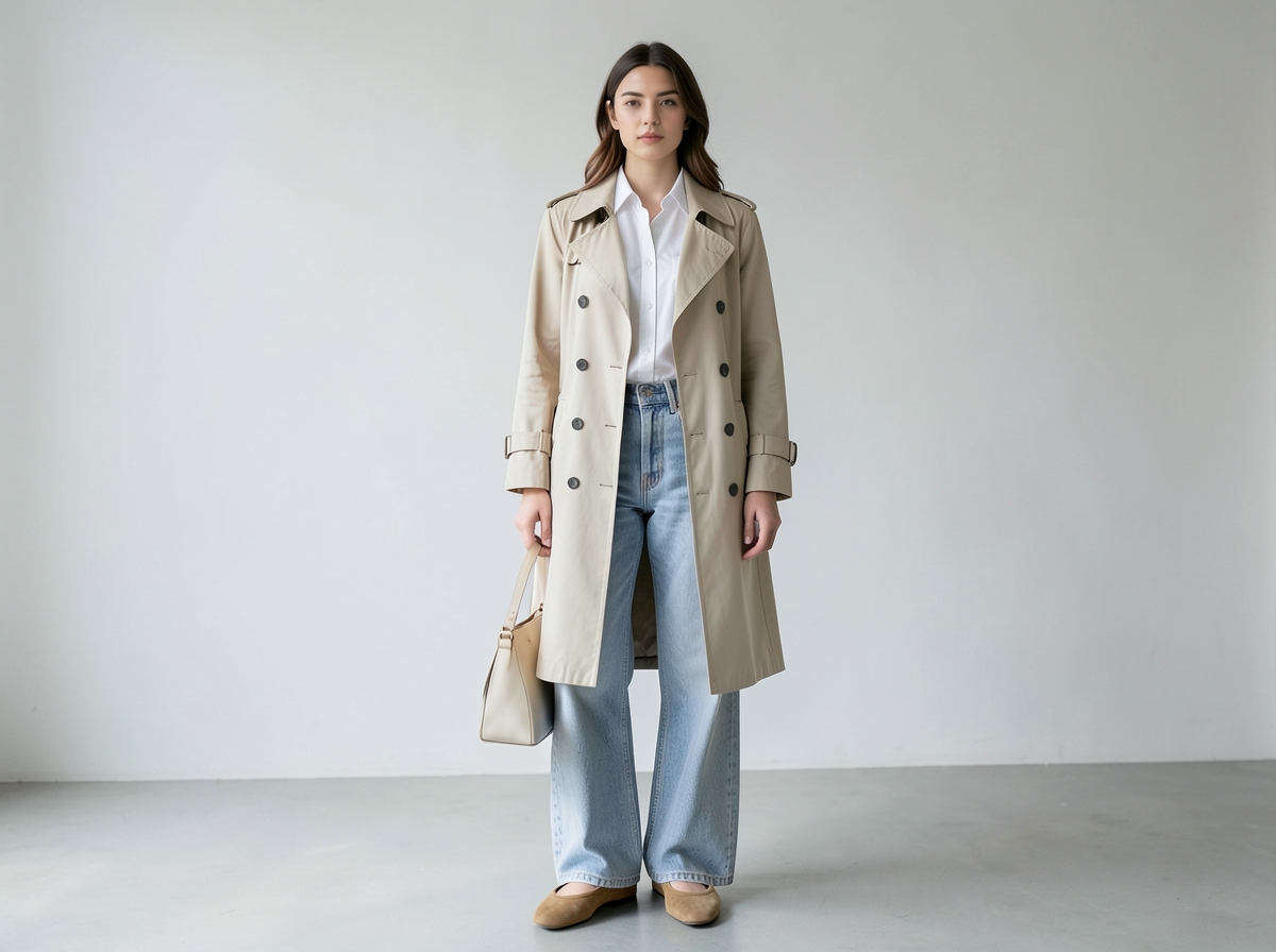 Woman wearing trench coat, white button-down, wide-leg jeans and suede ballerina flats - Wide-Leg Jeans, White Button-Down and Trench Coat